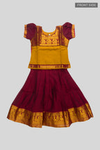Flat lay front image of Maroon Readymade Cotton Pavadai Set with  on the body and Zari Border