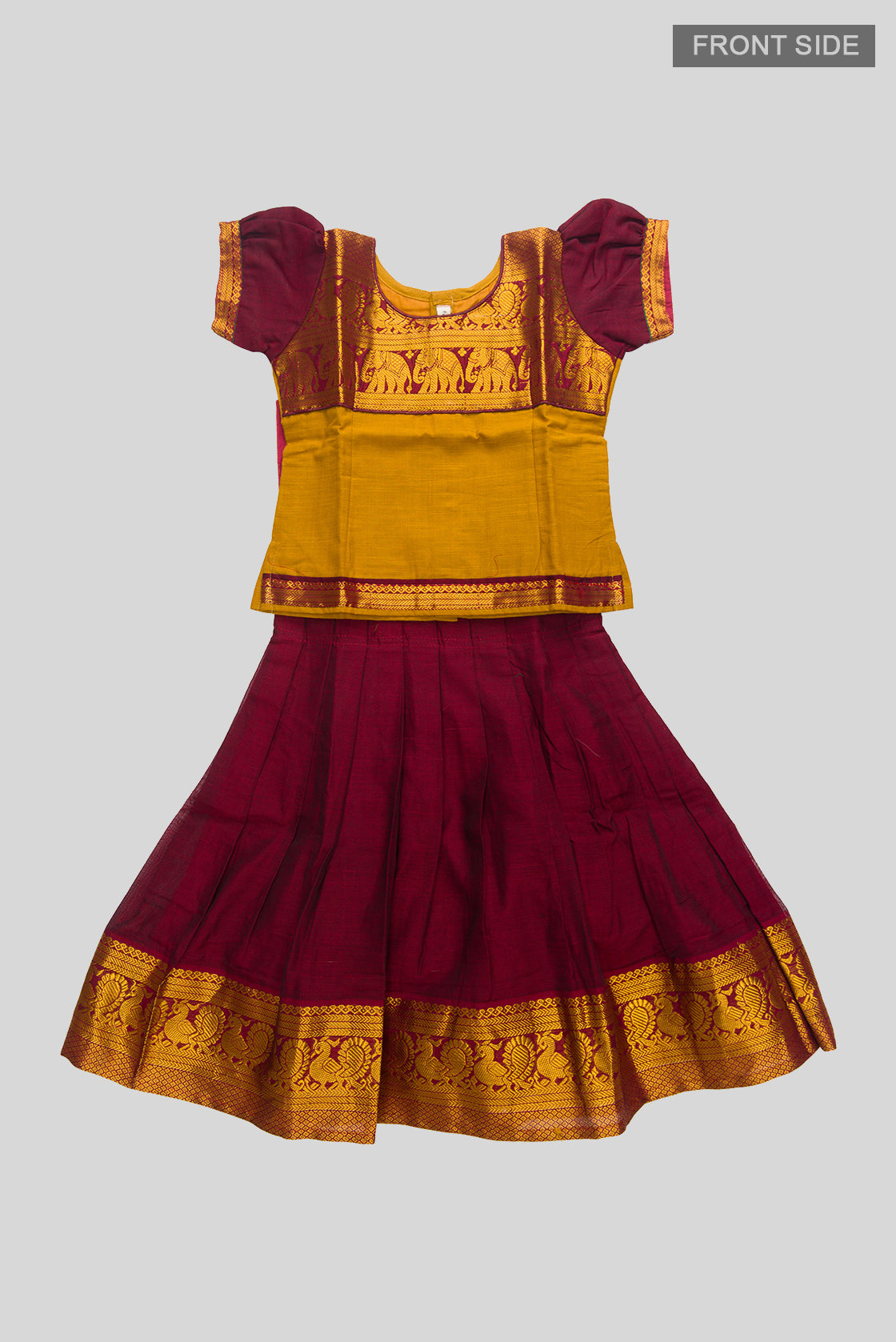 Flat lay front image of Maroon Readymade Cotton Pavadai Set with  on the body and Zari Border