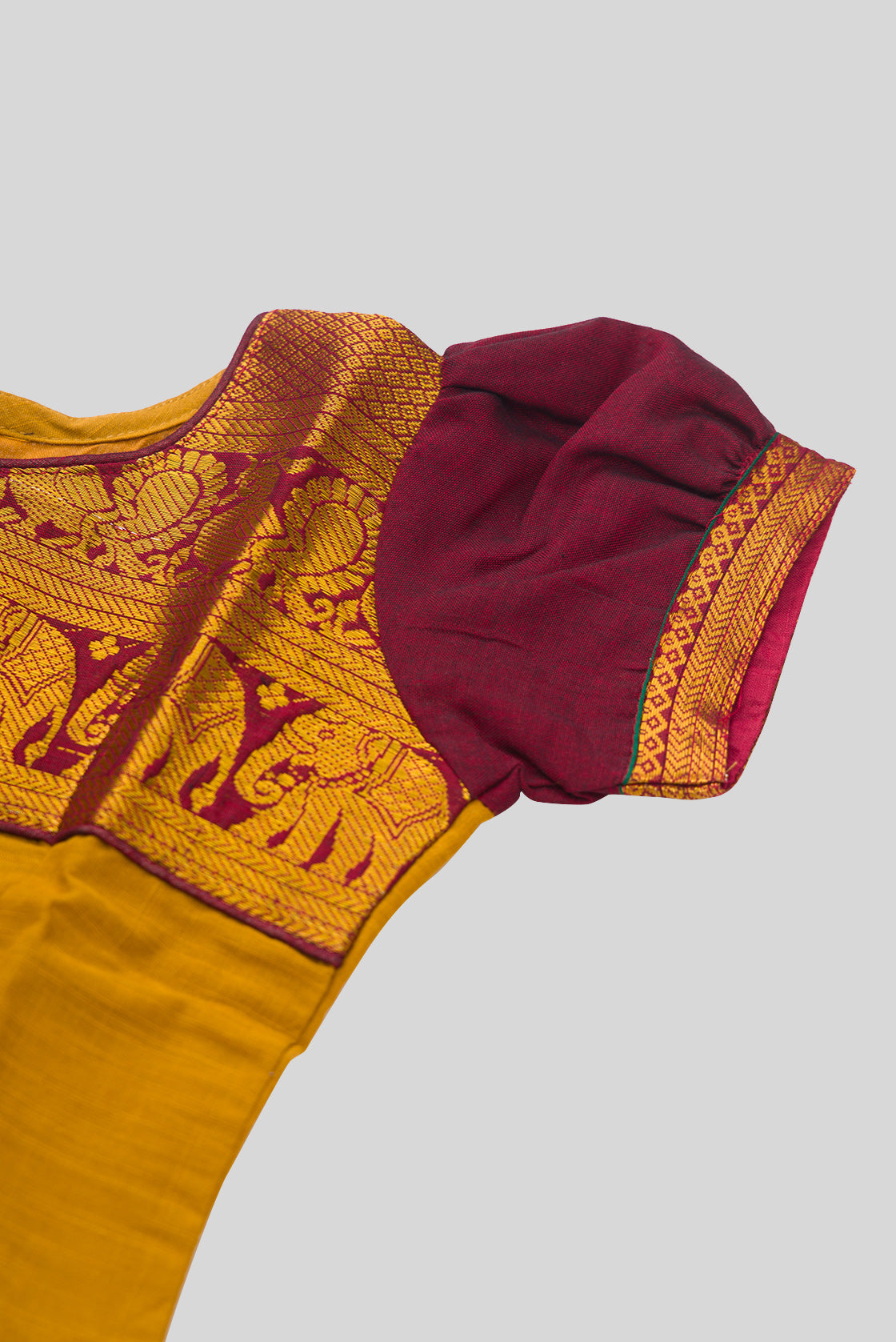 Close up sleeve details of Maroon Readymade Cotton Pavadai Set with  on the body and Zari Border