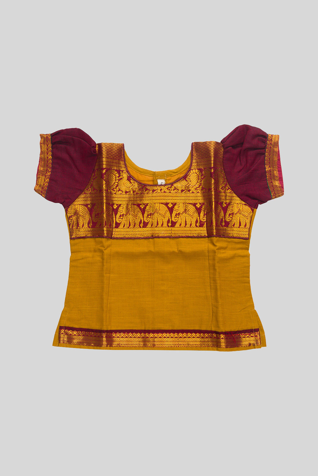 Close up blouse image of Maroon Readymade Cotton Pavadai Set with  on the body and Zari Border