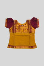 Close up blouse image of Maroon Readymade Cotton Pavadai Set with  on the body and Zari Border