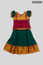 Flat lay front image of Green Readymade Cotton Pavadai Set with  on the body and Zari Border