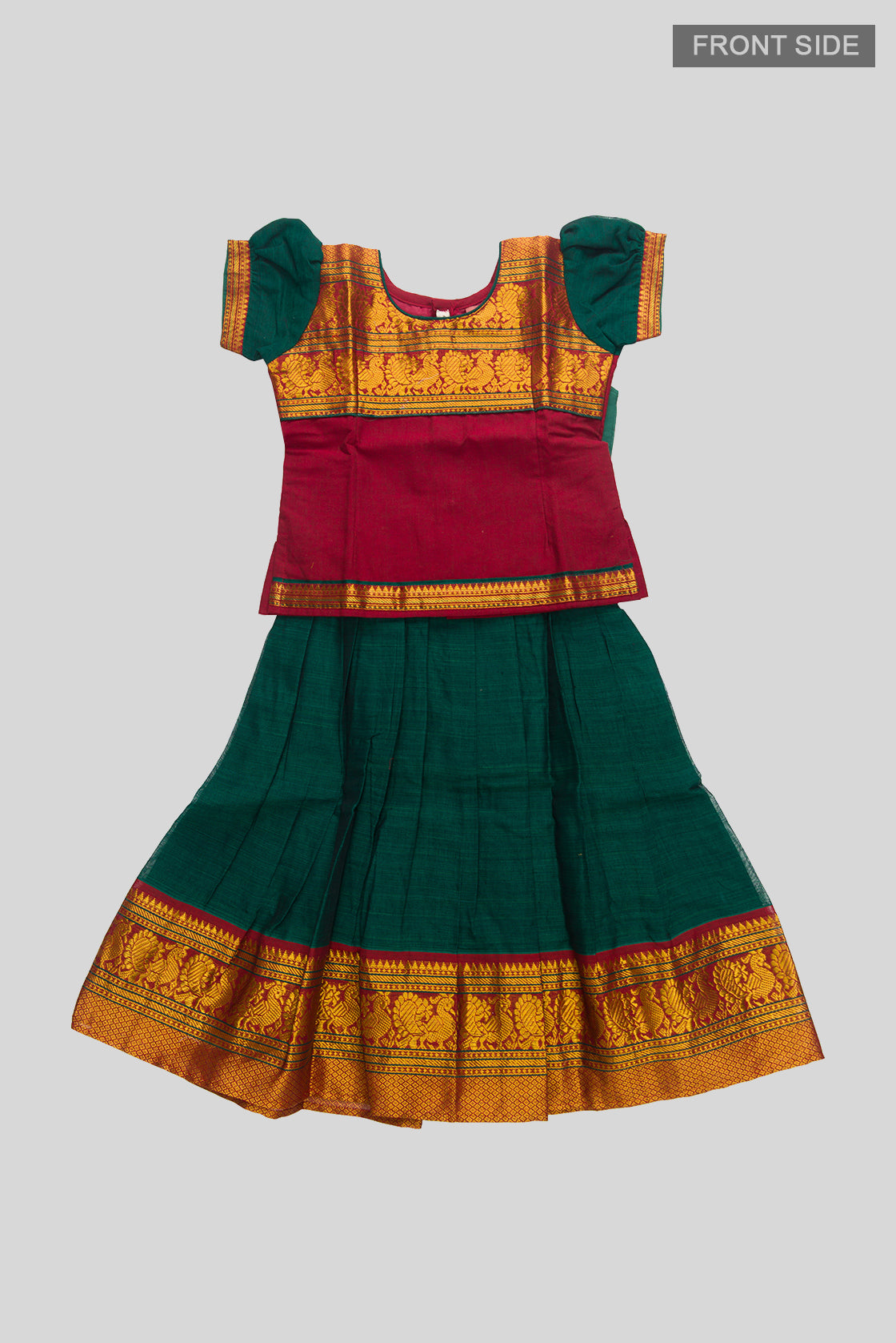 Flat lay front image of Green Readymade Cotton Pavadai Set with  on the body and Zari Border
