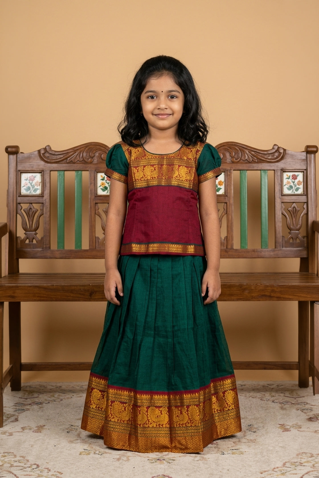 Green Readymade Cotton Pavadai Set with  on the body and Zari Border displayed on a mannequin