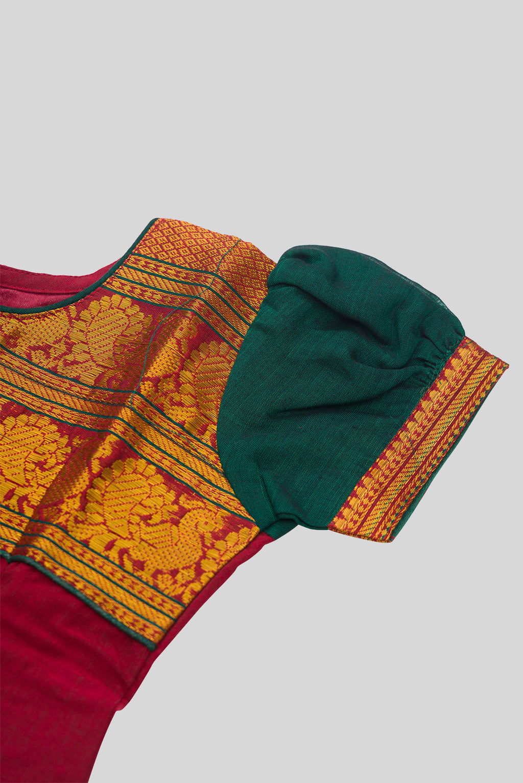 Close up sleeve details of Green Readymade Cotton Pavadai Set with  on the body and Zari Border