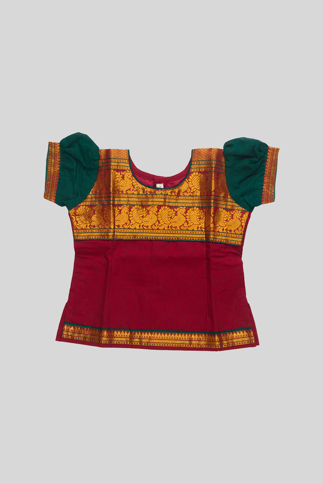 Close up blouse image of Green Readymade Cotton Pavadai Set with  on the body and Zari Border