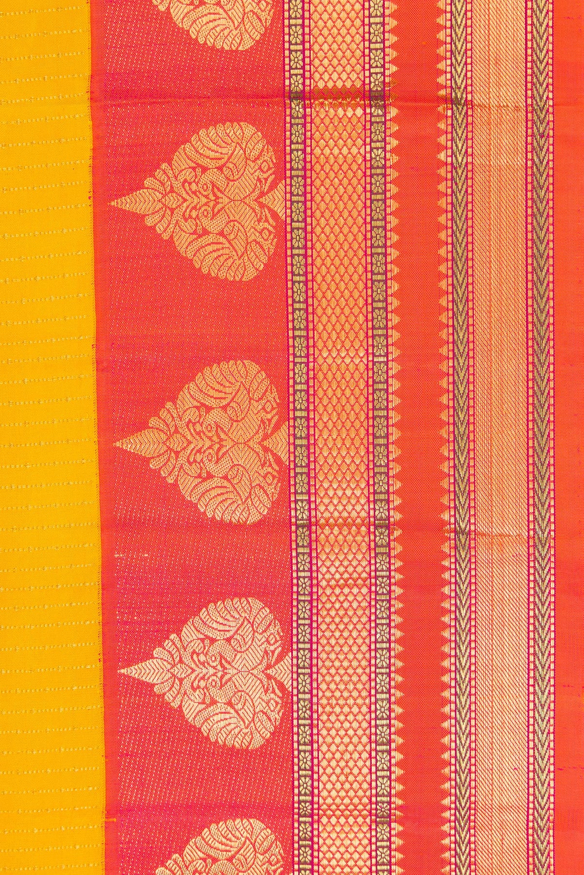 Border image of Mustard Dual Tone Kanchipuram Silk Saree with Stripes on the body and Zari Border. 