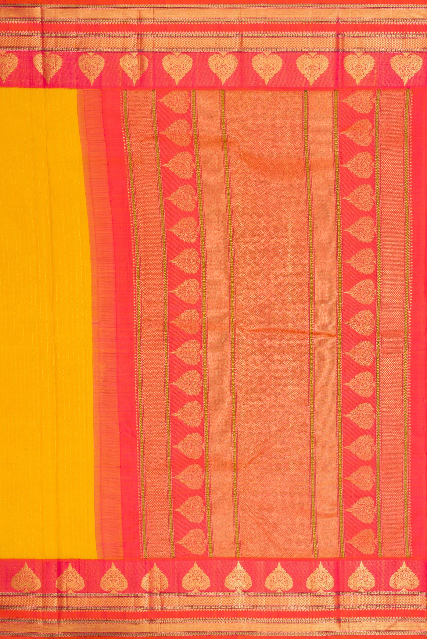 Close up image of the pallu of Mustard Dual Tone Kanchipuram Silk Saree with Stripes on the body and Zari Border. 