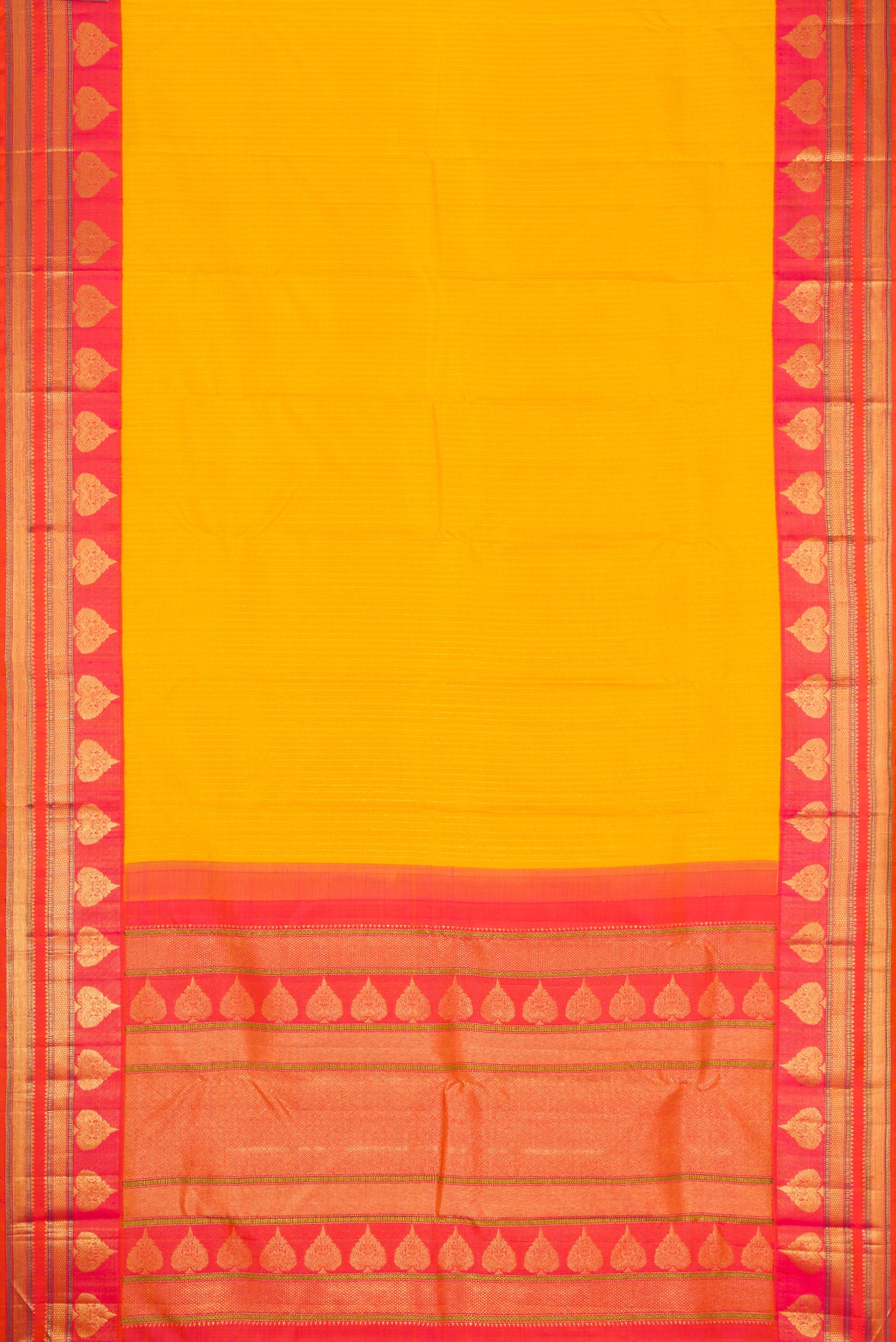 Flat view of Mustard Dual Tone Kanchipuram Silk Saree with Stripes on the body and Zari Border. 