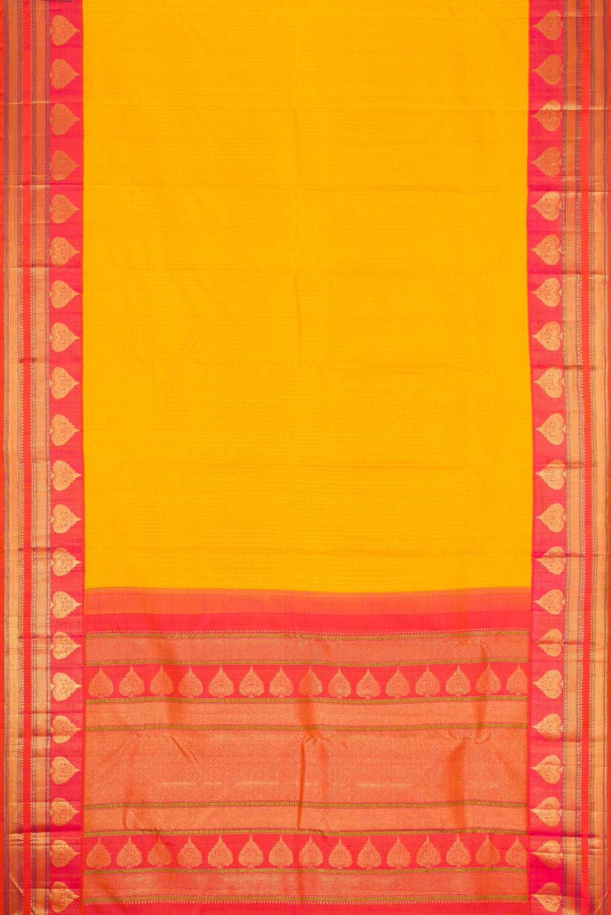 Flat view of Mustard Dual Tone Kanchipuram Silk Saree with Stripes on the body and Zari Border. 