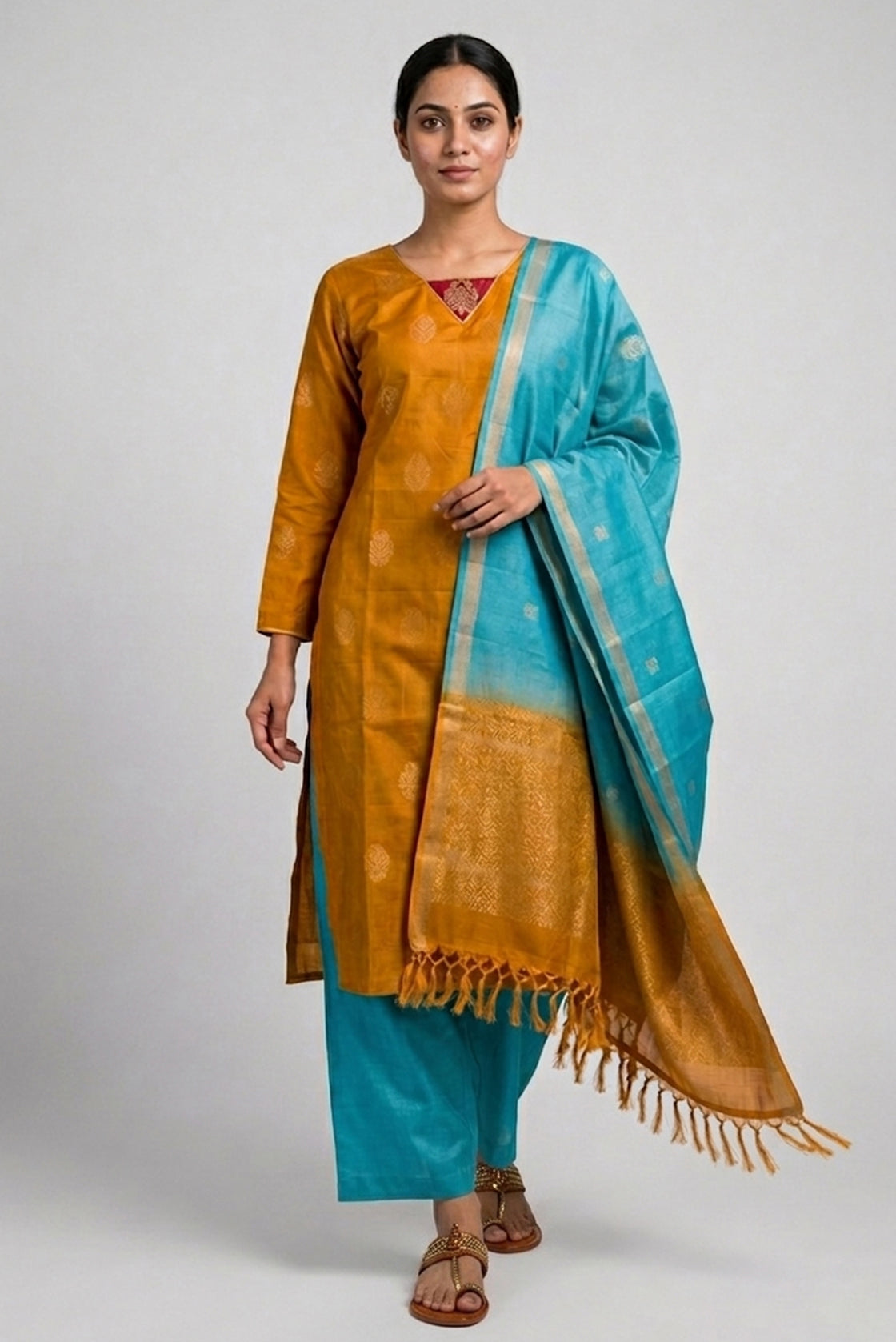 Mustard Pure Silk Womens Kurta set featuring Zari Butta Kurta paired with Light Blue Plain Body bottom and a Zari Butta dupatta in Light Blue front image displayed on an AI model