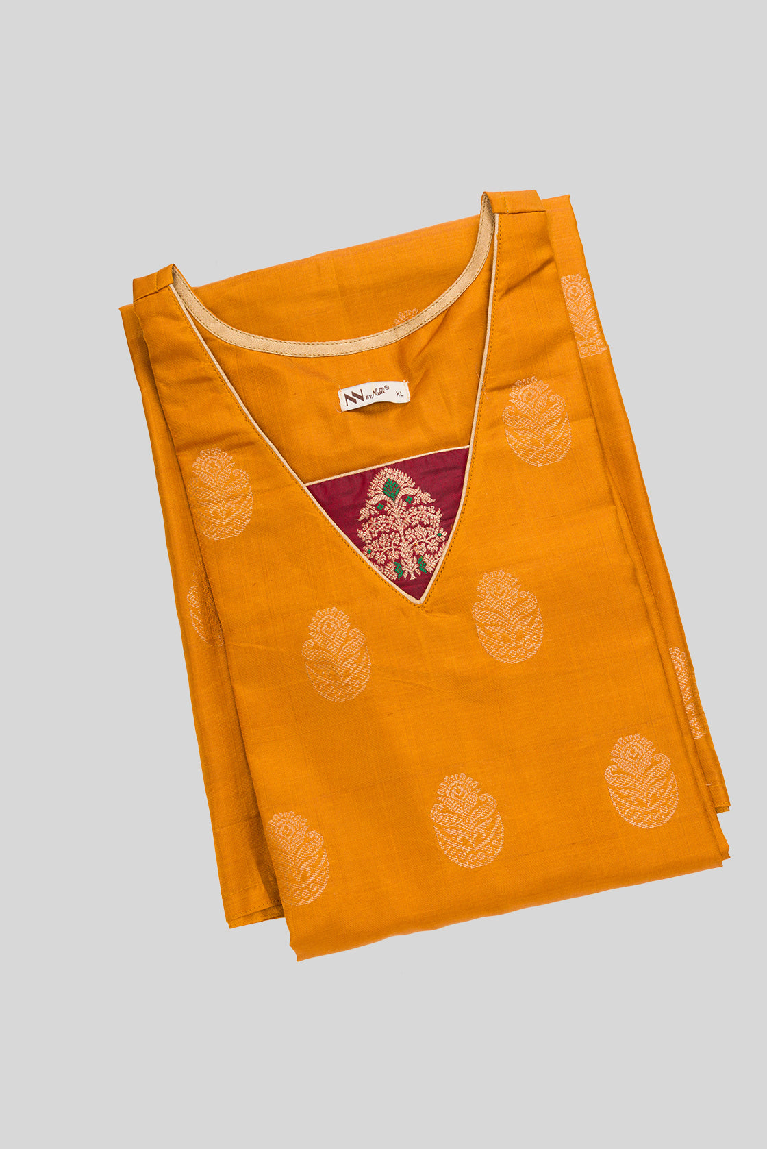 Top view of Mustard Pure Silk Womens Kurta set featuring Zari Butta Kurta paired with Light Blue Plain Body bottom and a Zari Butta dupatta in Light Blue