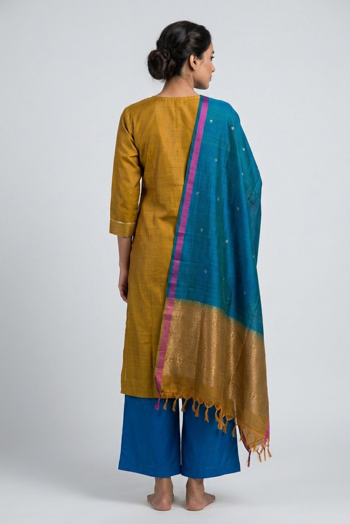Mehandi Green Pure Silk Womens Kurta set featuring Zari Butta Kurta paired with Peacock Blue Plain Body bottom and a Zari Butta dupatta in Peacock Blue back image displayed on an AI model