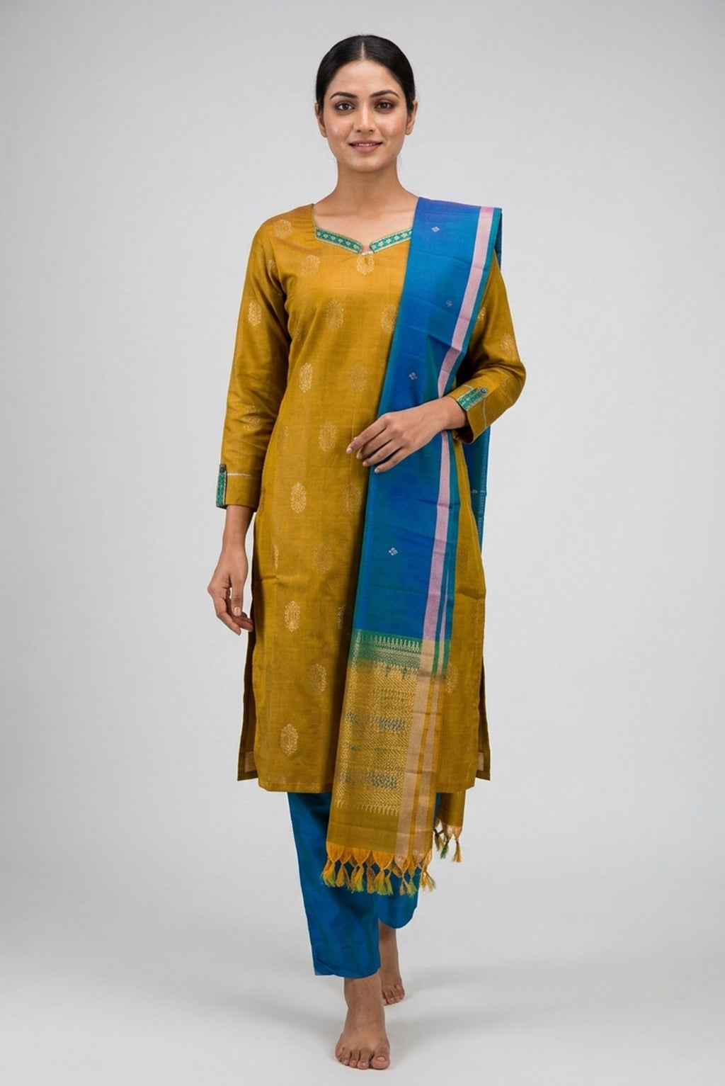 Mehandi Green Pure Silk Womens Kurta set featuring Zari Butta Kurta paired with Peacock Blue Plain Body bottom and a Zari Butta dupatta in Peacock Blue front image displayed on an AI model