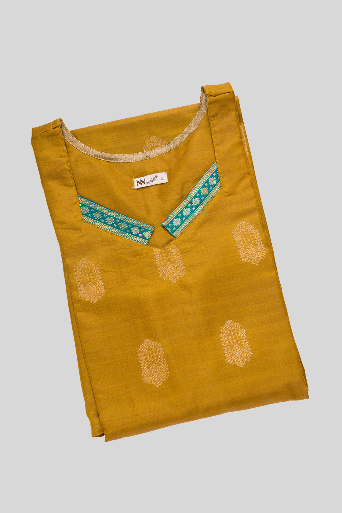 Top view of Mehandi Green Pure Silk Womens Kurta set featuring Zari Butta Kurta paired with Peacock Blue Plain Body bottom and a Zari Butta dupatta in Peacock Blue