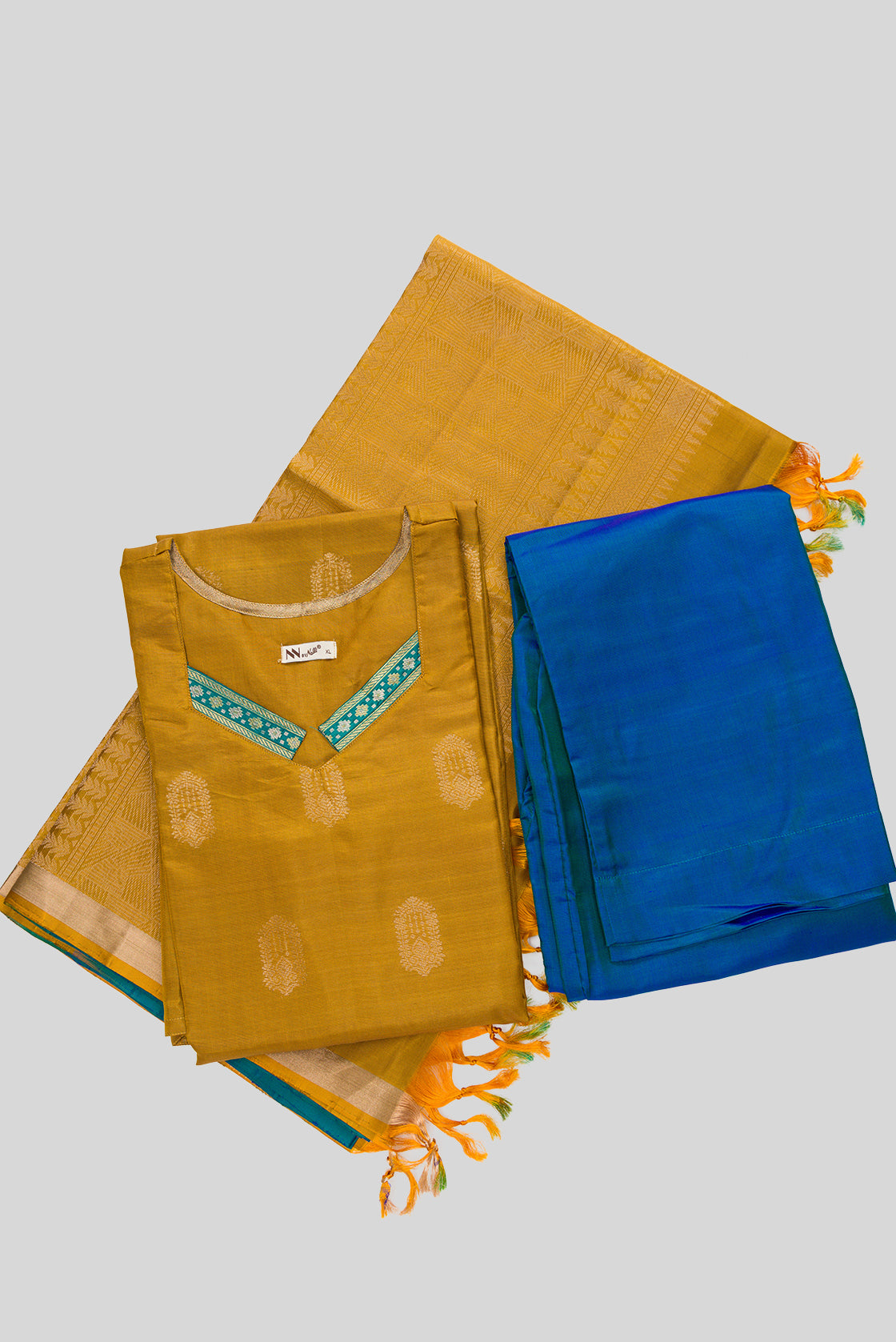 Flat lay of Mehandi Green Pure Silk Womens Kurta set featuring Zari Butta Kurta paired with Peacock Blue Plain Body bottom and a Zari Butta dupatta in Peacock Blue