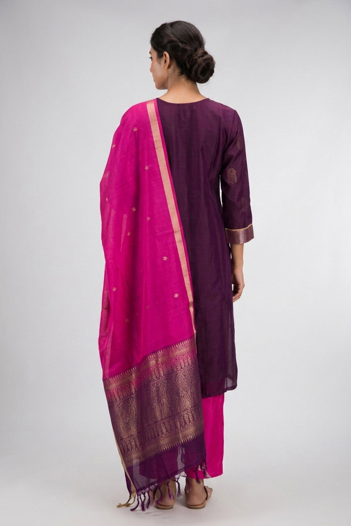 Burgundy Pure Silk Womens Kurta set featuring Zari Butta Kurta paired with Pink Plain Body bottom and a Zari Butta dupatta in Pink back image displayed on an AI model