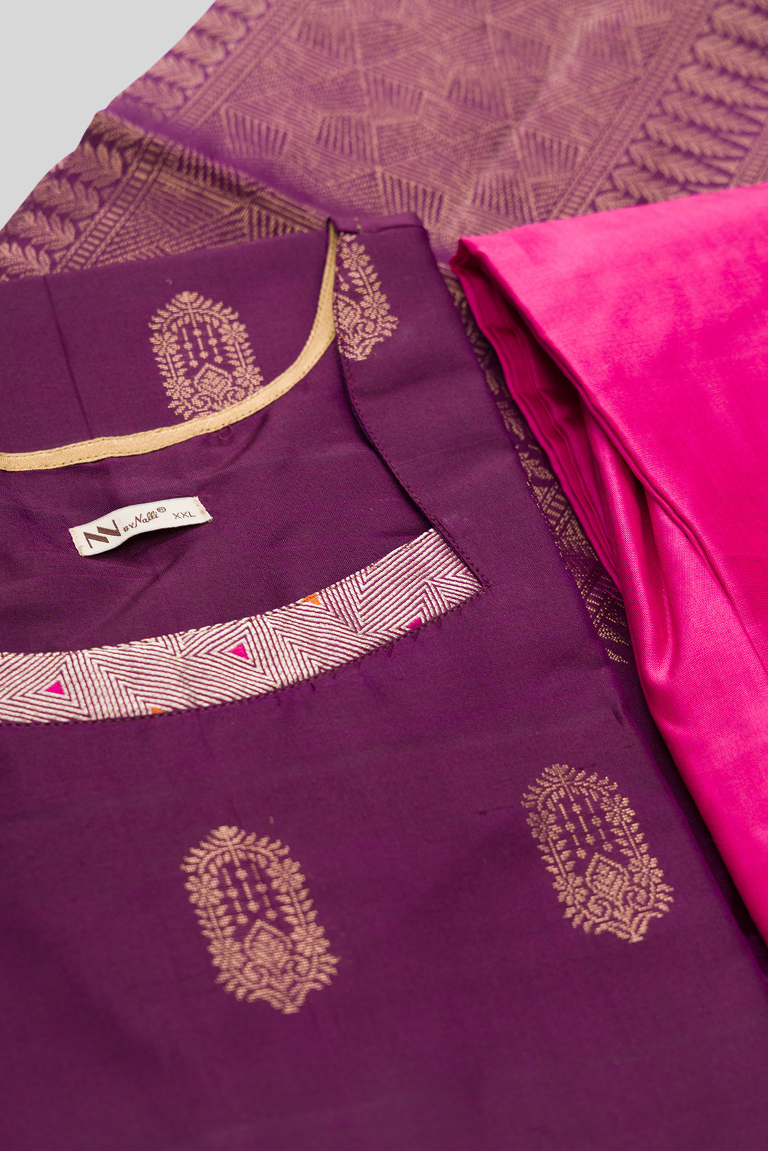 Detailed shot of Burgundy Pure Silk Womens Kurta set featuring Zari Butta Kurta paired with Pink Plain Body bottom and a Zari Butta dupatta in Pink