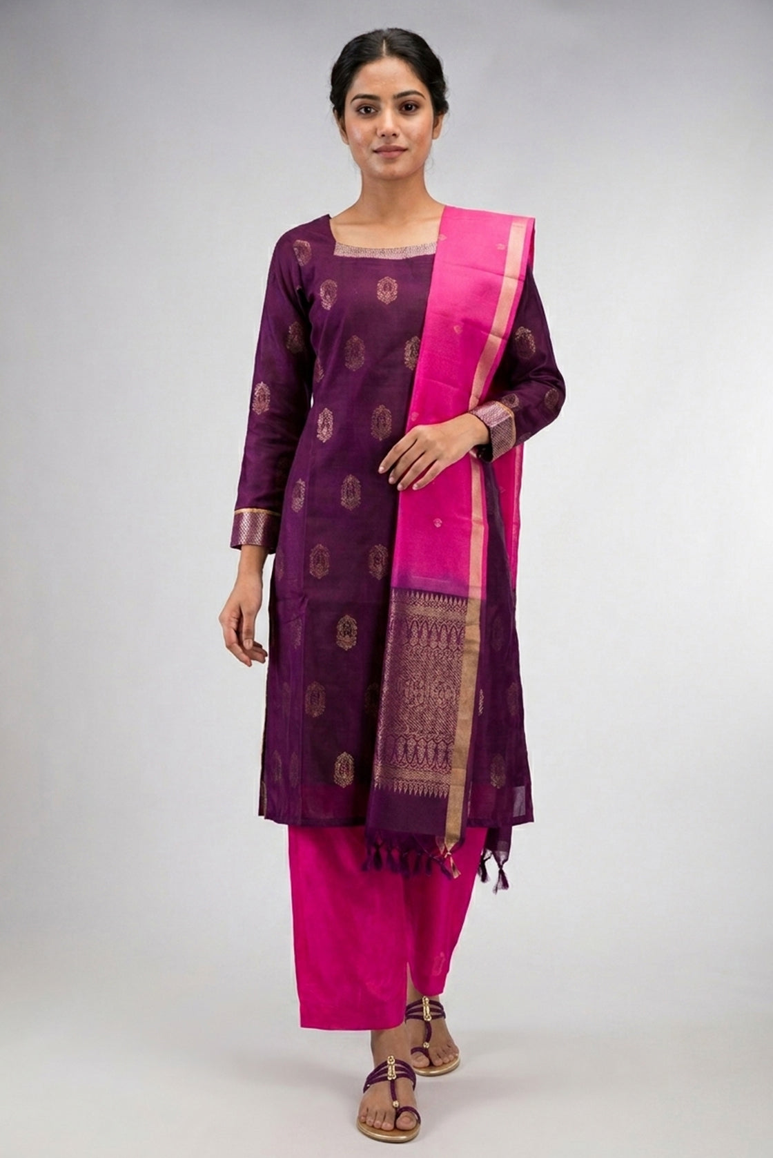 Burgundy Pure Silk Womens Kurta set featuring Zari Butta Kurta paired with Pink Plain Body bottom and a Zari Butta dupatta in Pink front image displayed on an AI model
