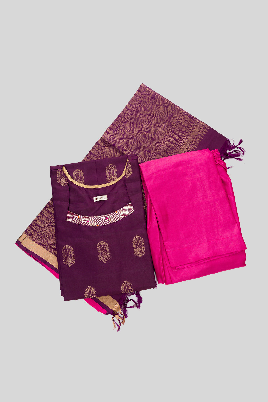 Flat lay of Burgundy Pure Silk Womens Kurta set featuring Zari Butta Kurta paired with Pink Plain Body bottom and a Zari Butta dupatta in Pink