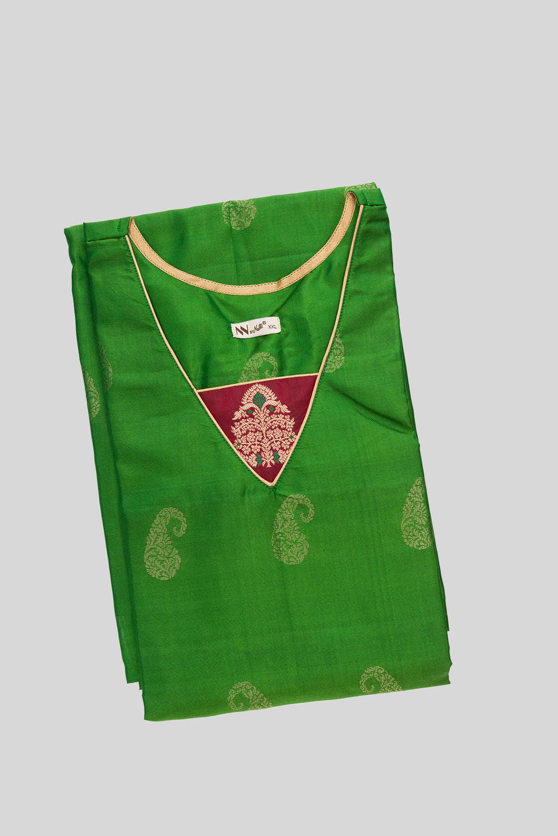 Top view of Green Pure Silk Womens Kurta set featuring Zari Butta Kurta paired with Orange Plain Body bottom and a Zari Butta dupatta in Orange