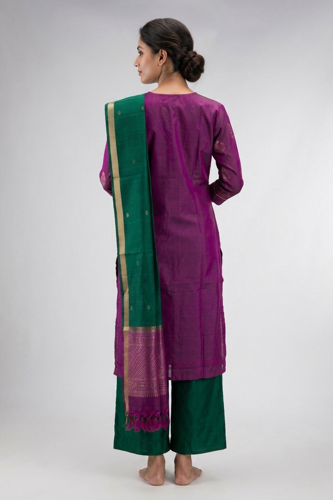 Violet Pure Silk Womens Kurta set featuring Zari Butta Kurta paired with Bottle Green Plain Body bottom and a Zari Butta dupatta in Bottle Green back image displayed on an AI model