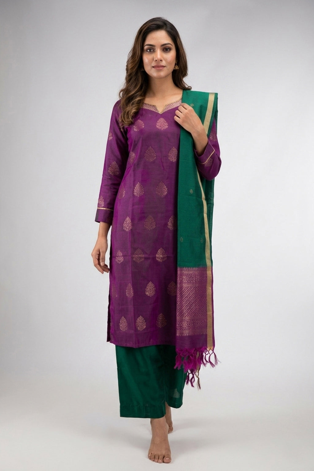 Violet Pure Silk Womens Kurta set featuring Zari Butta Kurta paired with Bottle Green Plain Body bottom and a Zari Butta dupatta in Bottle Green front image displayed on an AI model