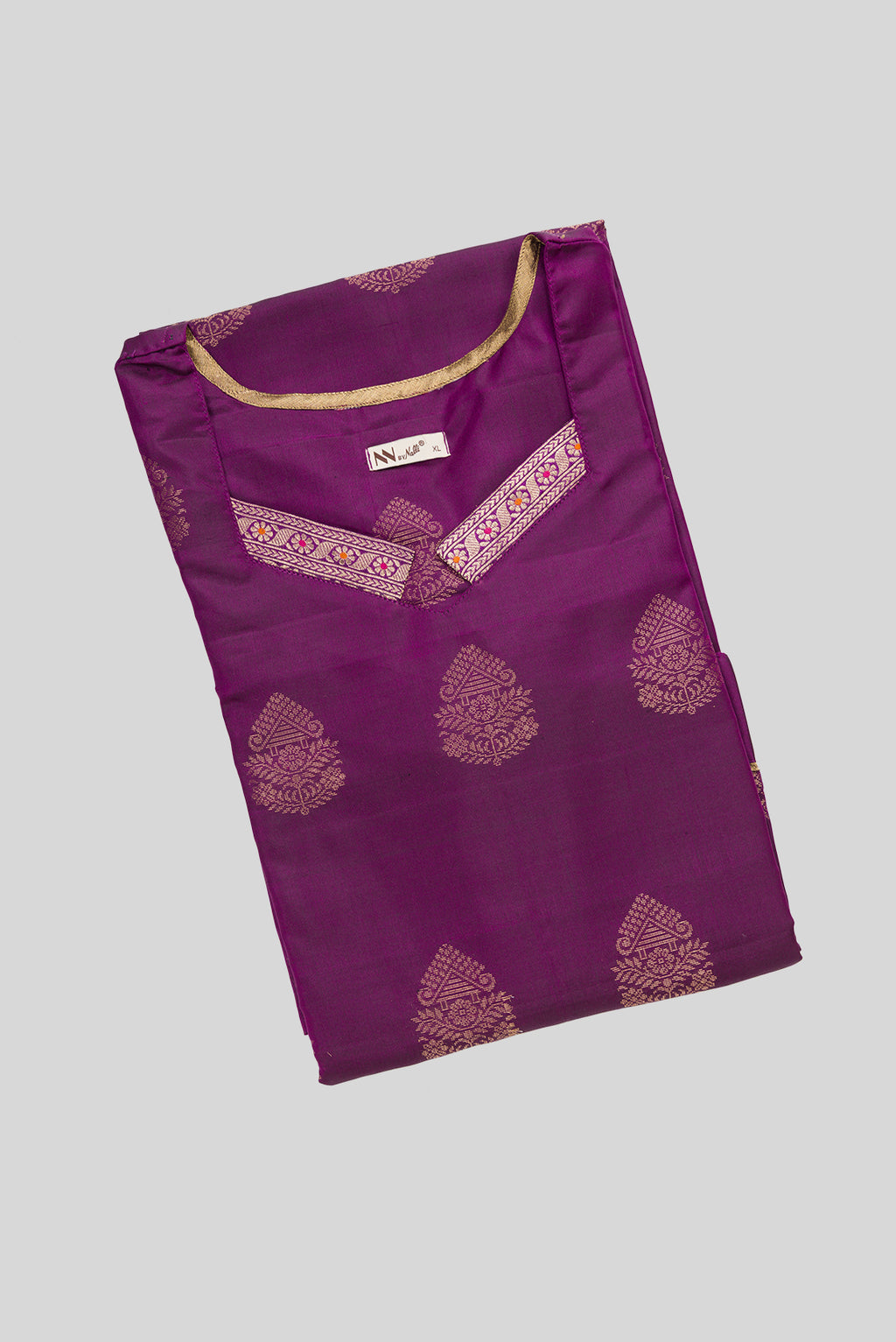 Top view of Violet Pure Silk Womens Kurta set featuring Zari Butta Kurta paired with Bottle Green Plain Body bottom and a Zari Butta dupatta in Bottle Green