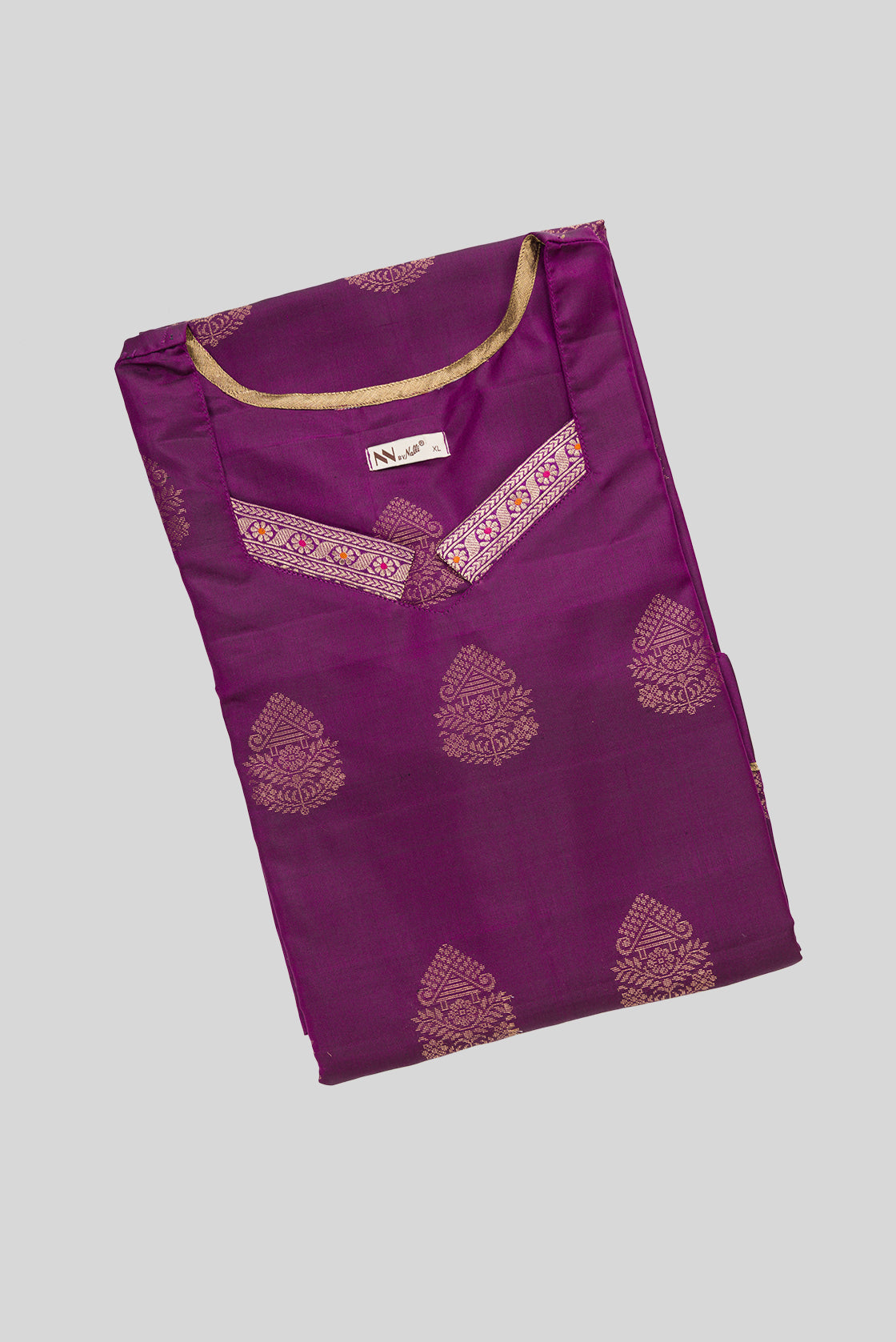 Top view of Violet Pure Silk Womens Kurta set featuring Zari Butta Kurta paired with Bottle Green Plain Body bottom and a Zari Butta dupatta in Bottle Green