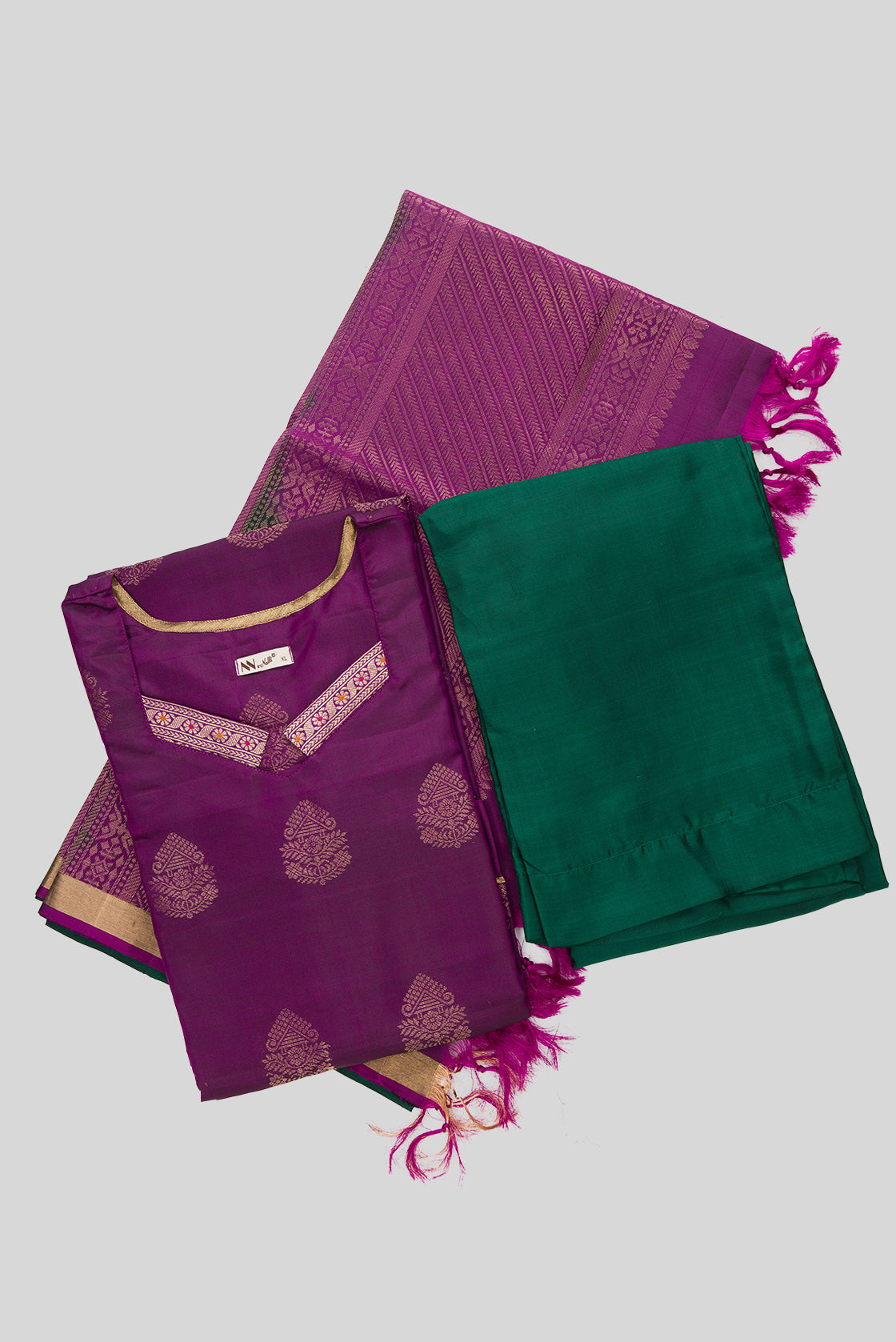 Flat lay of Violet Pure Silk Womens Kurta set featuring Zari Butta Kurta paired with Bottle Green Plain Body bottom and a Zari Butta dupatta in Bottle Green