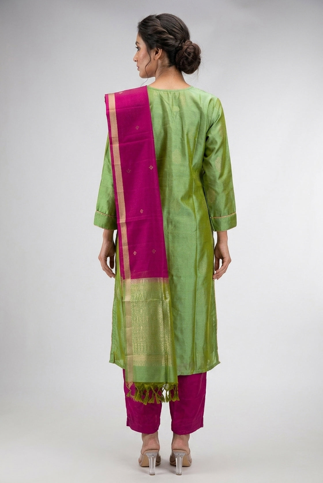 Green Pure Silk Womens Kurta set featuring Zari Butta Kurta paired with Magenta Plain Body bottom and a Zari Butta dupatta in Magenta back image displayed on an AI model