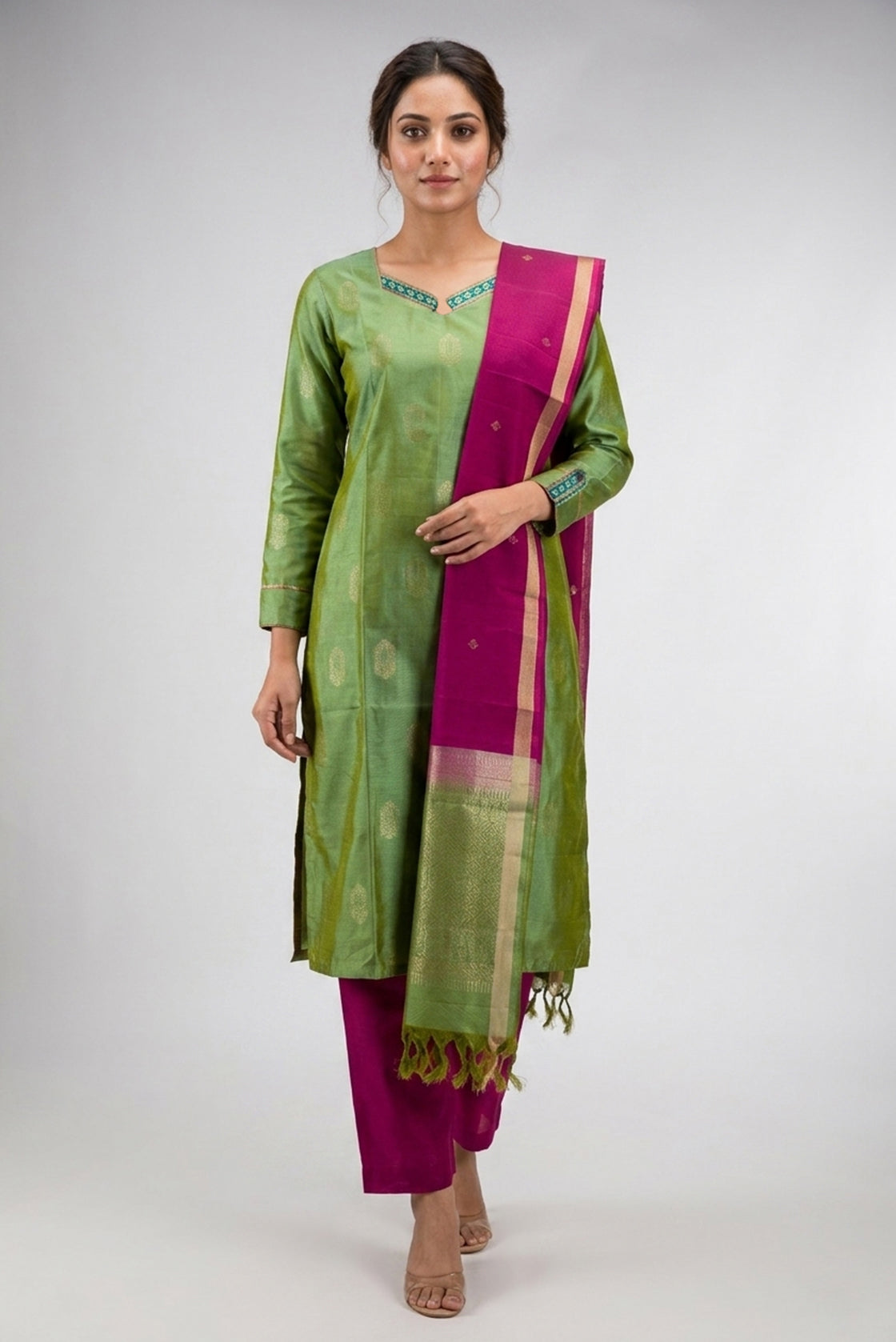 Green Pure Silk Womens Kurta set featuring Zari Butta Kurta paired with Magenta Plain Body bottom and a Zari Butta dupatta in Magenta front image displayed on an AI model