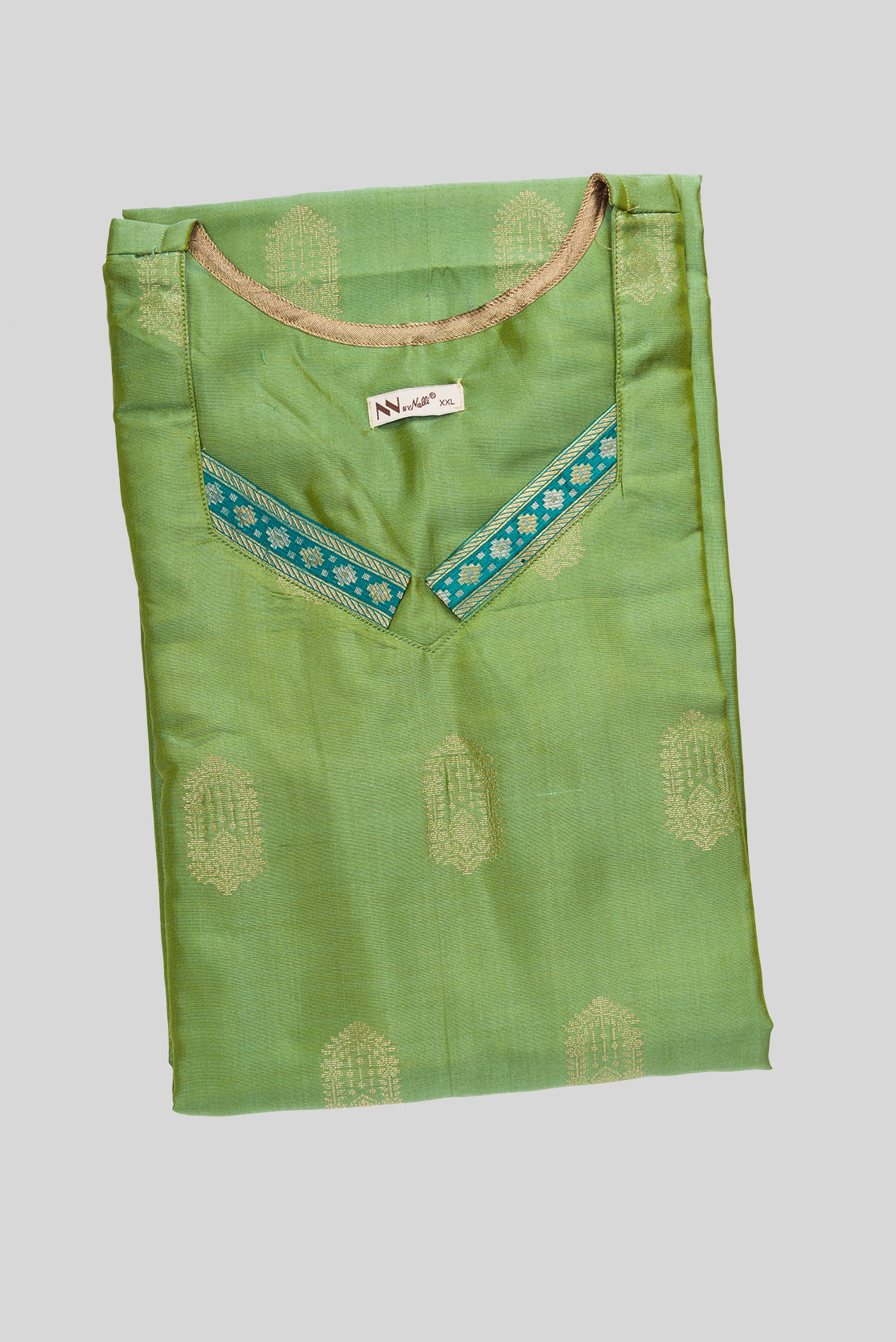 Top view of Green Pure Silk Womens Kurta set featuring Zari Butta Kurta paired with Magenta Plain Body bottom and a Zari Butta dupatta in Magenta