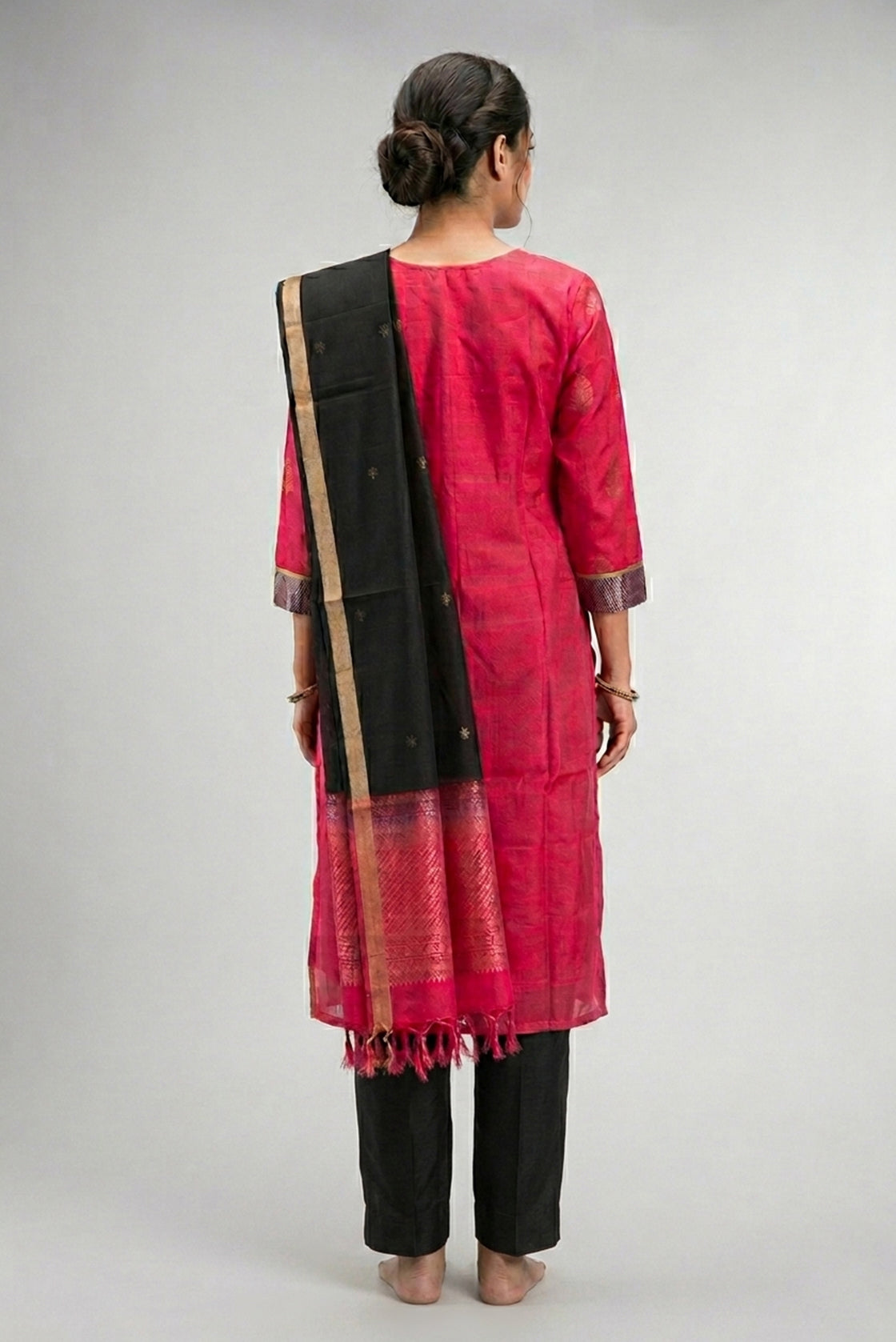 Pink Pure Silk Womens Kurta set featuring Zari Butta Kurta paired with Black Plain Body bottom and a Zari Butta dupatta in Black back image displayed on an AI model