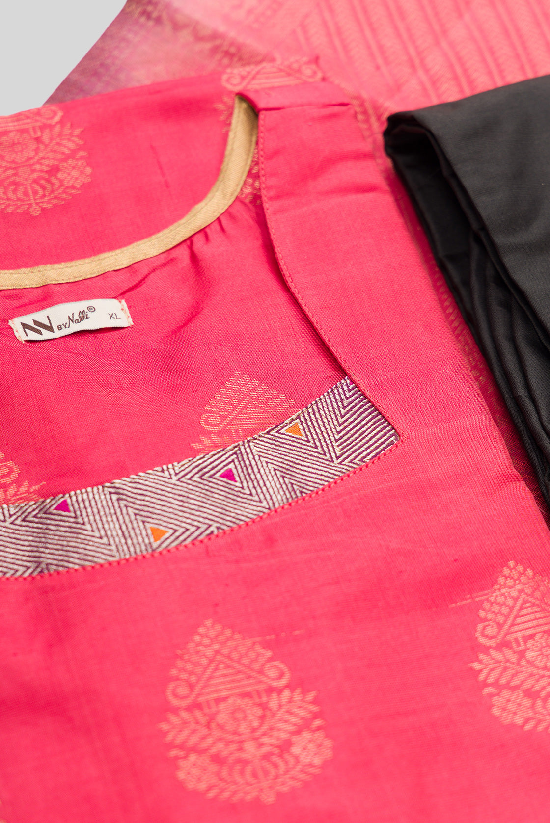 Detailed shot of Pink Pure Silk Womens Kurta set featuring Zari Butta Kurta paired with Black Plain Body bottom and a Zari Butta dupatta in Black