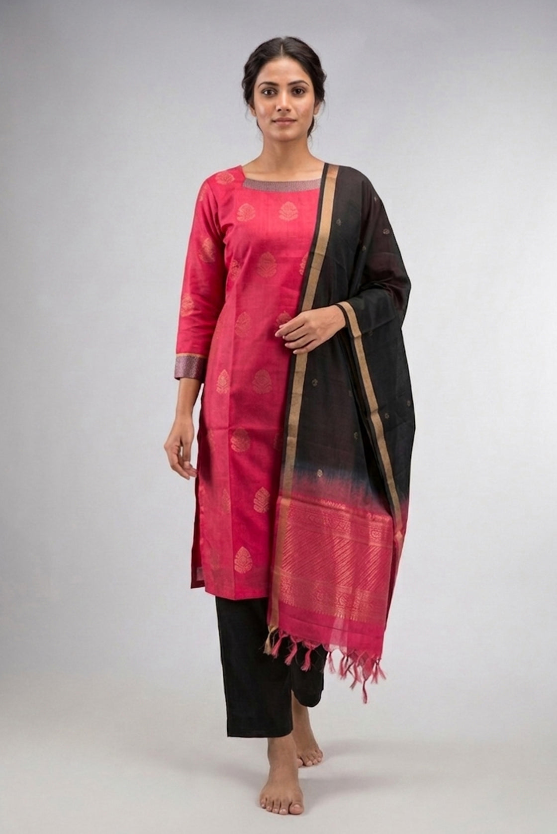 Pink Pure Silk Womens Kurta set featuring Zari Butta Kurta paired with Black Plain Body bottom and a Zari Butta dupatta in Black front image displayed on an AI model