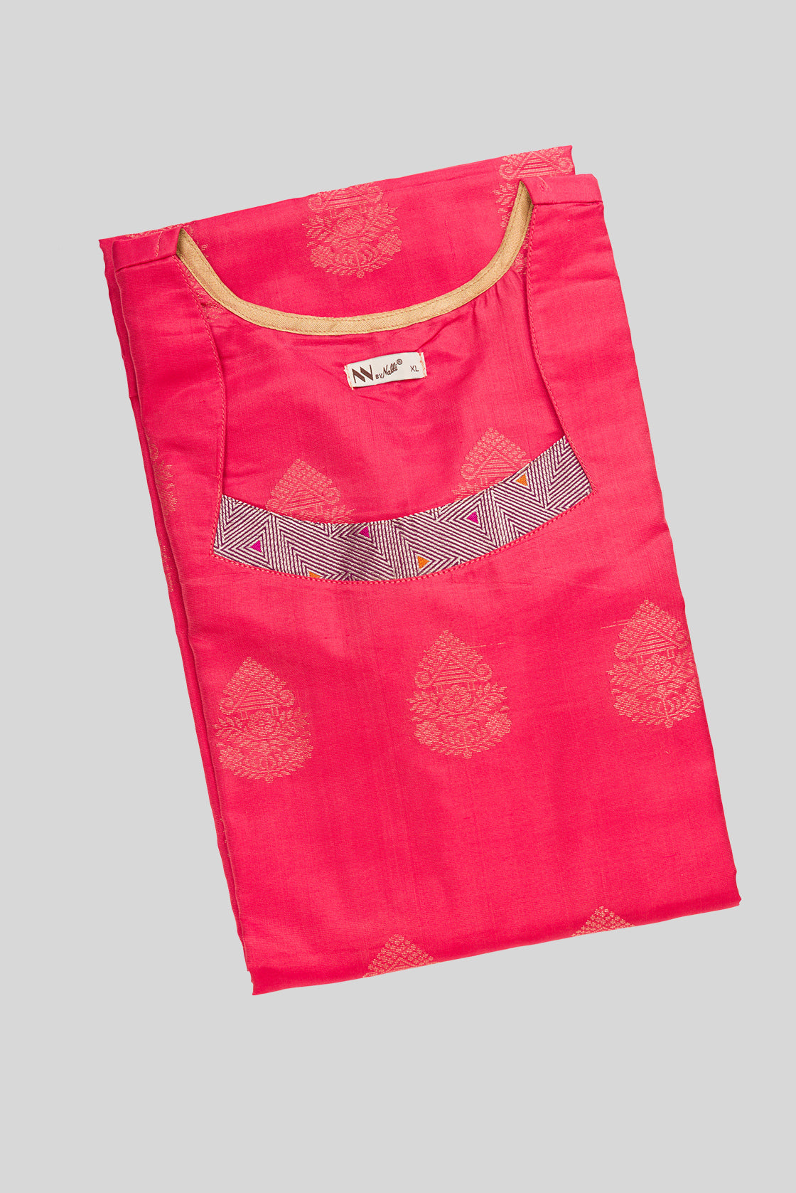 Top view of Pink Pure Silk Womens Kurta set featuring Zari Butta Kurta paired with Black Plain Body bottom and a Zari Butta dupatta in Black