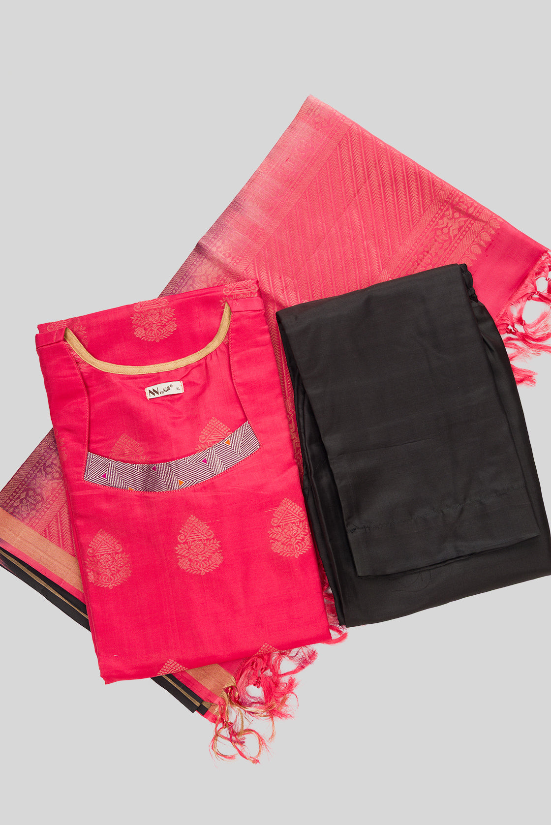 Flat lay of Pink Pure Silk Womens Kurta set featuring Zari Butta Kurta paired with Black Plain Body bottom and a Zari Butta dupatta in Black