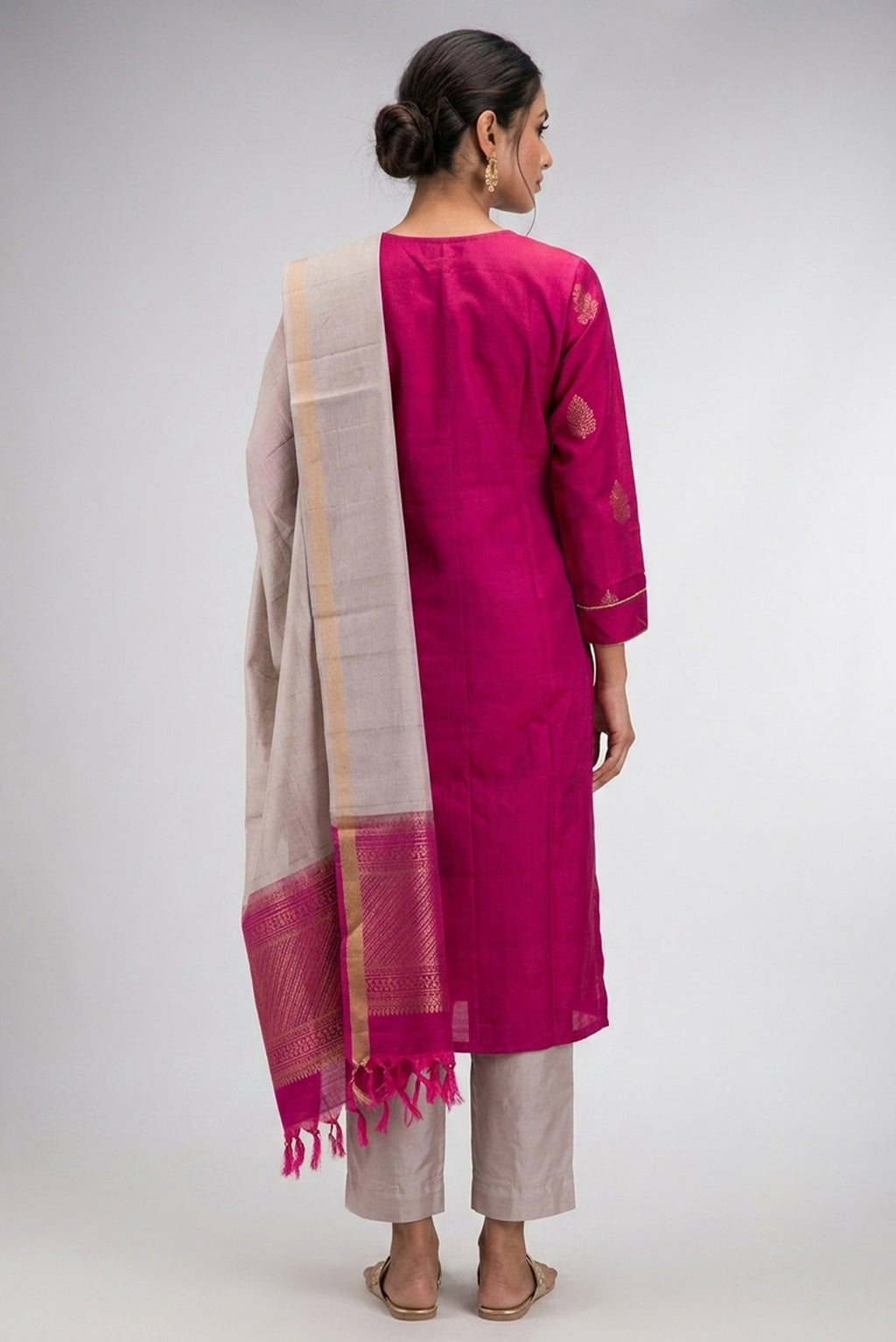 Magenta Pure Silk Womens Kurta set featuring Zari Butta Kurta paired with Dark Beige Plain Body bottom and a Zari Butta dupatta in Dark Beige back image displayed on an AI model