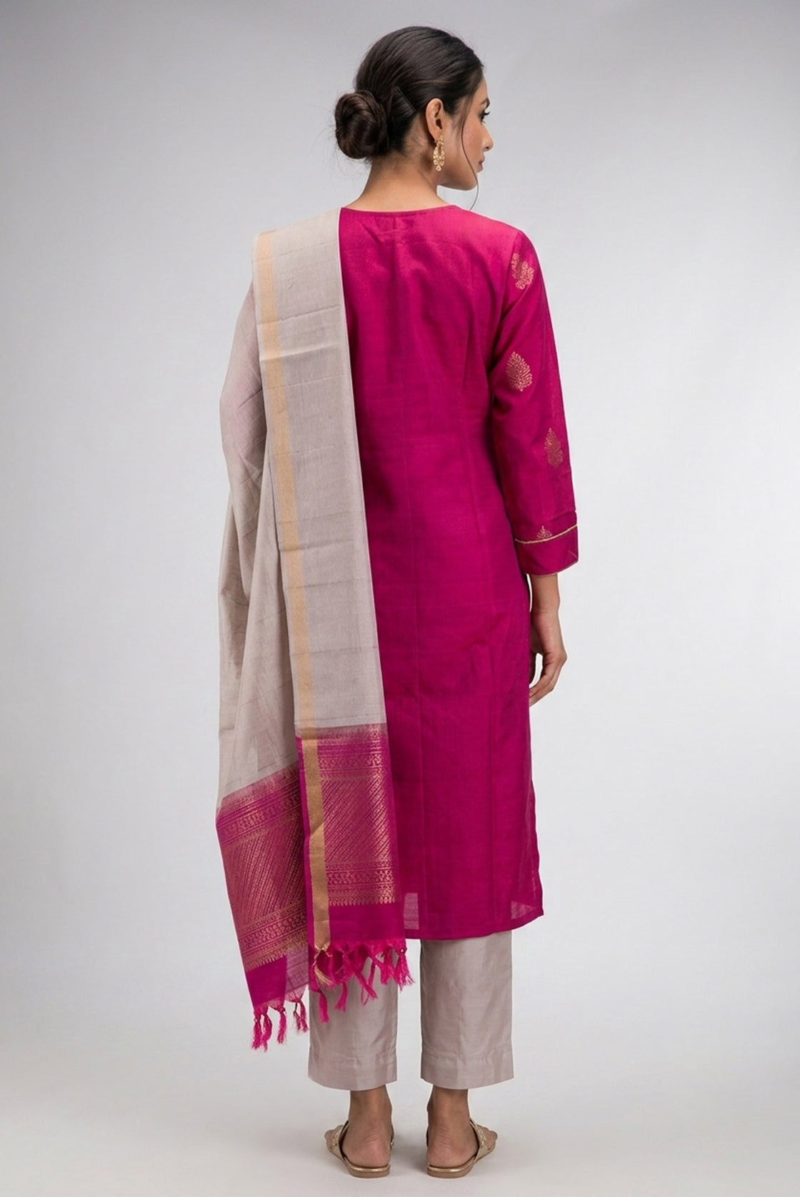 Magenta Pure Silk Womens Kurta set featuring Zari Butta Kurta paired with Dark Beige Plain Body bottom and a Zari Butta dupatta in Dark Beige back image displayed on an AI model