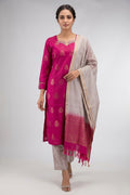 Magenta Pure Silk Womens Kurta set featuring Zari Butta Kurta paired with Dark Beige Plain Body bottom and a Zari Butta dupatta in Dark Beige front image displayed on an AI model