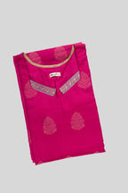 Top view of Magenta Pure Silk Womens Kurta set featuring Zari Butta Kurta paired with Dark Beige Plain Body bottom and a Zari Butta dupatta in Dark Beige