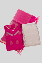 Flat lay of Magenta Pure Silk Womens Kurta set featuring Zari Butta Kurta paired with Dark Beige Plain Body bottom and a Zari Butta dupatta in Dark Beige