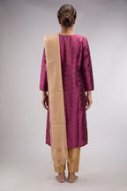Purple Pure Silk Womens Kurta set featuring Zari Butta Kurta paired with Gold Plain Body bottom and a Zari Butta dupatta in Gold back image displayed on an AI model