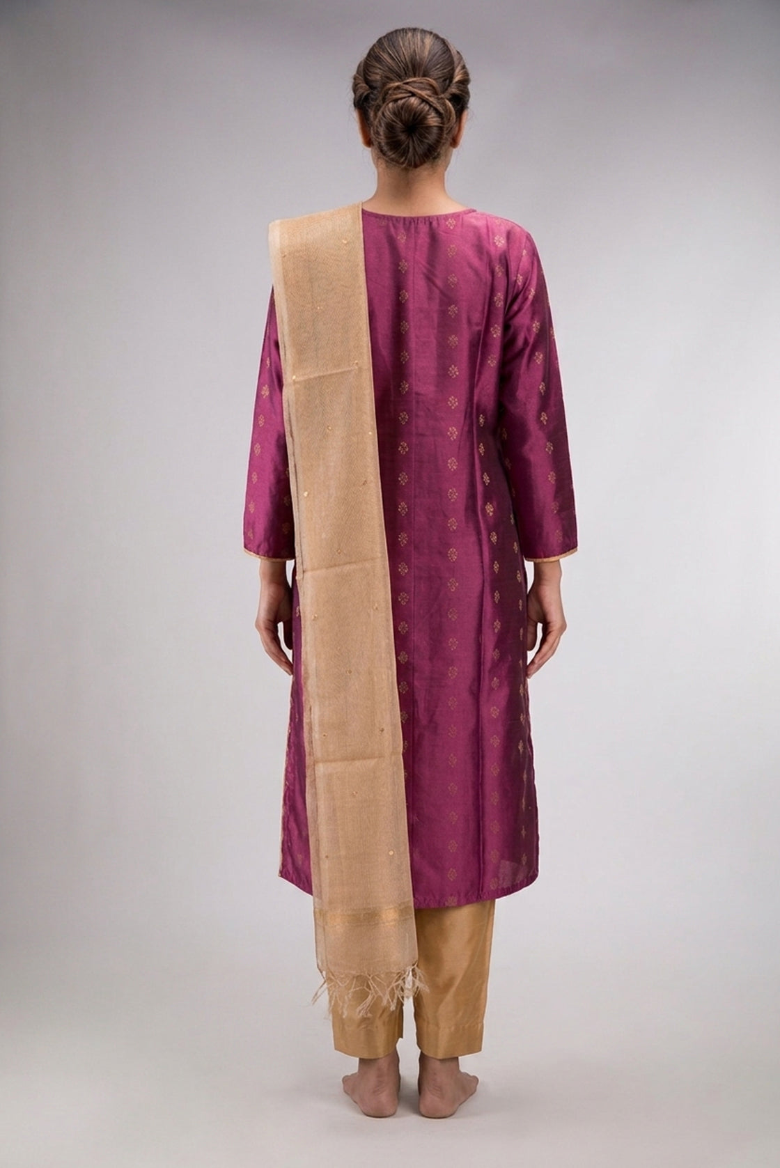 Purple Pure Silk Womens Kurta set featuring Zari Butta Kurta paired with Gold Plain Body bottom and a Zari Butta dupatta in Gold back image displayed on an AI model