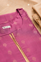 Detailed shot of Purple Pure Silk Womens Kurta set featuring Zari Butta Kurta paired with Gold Plain Body bottom and a Zari Butta dupatta in Gold