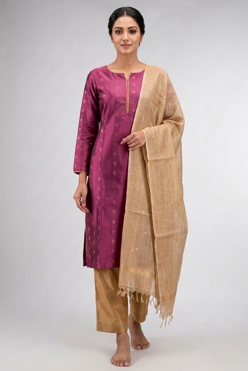 Purple Pure Silk Womens Kurta set featuring Zari Butta Kurta paired with Gold Plain Body bottom and a Zari Butta dupatta in Gold front image displayed on an AI model
