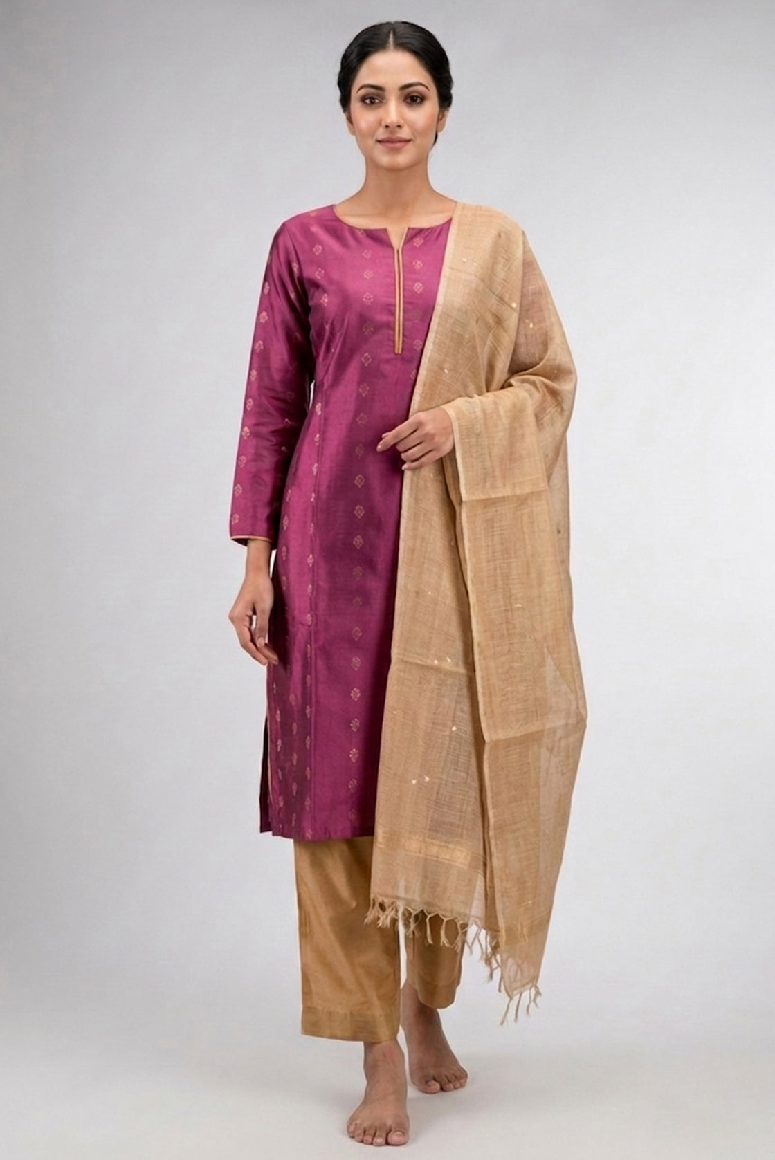 Purple Pure Silk Womens Kurta set featuring Zari Butta Kurta paired with Gold Plain Body bottom and a Zari Butta dupatta in Gold front image displayed on an AI model