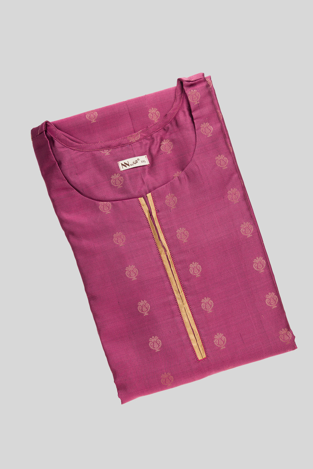Top view of Purple Pure Silk Womens Kurta set featuring Zari Butta Kurta paired with Gold Plain Body bottom and a Zari Butta dupatta in Gold