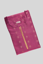 Top view of Purple Pure Silk Womens Kurta set featuring Zari Butta Kurta paired with Gold Plain Body bottom and a Zari Butta dupatta in Gold